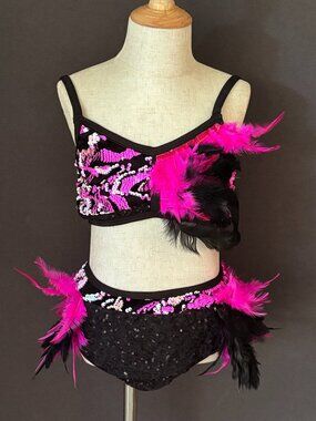 Glamour Costumes Hot Pink Black Sequin Feather Two Piece Dance Costume MC